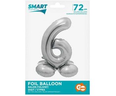 Sidabrinis folijos balionas su skaičiumi 6 ir pagrindu, 72 cm