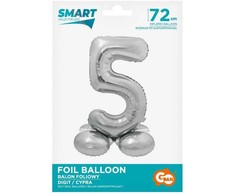 Sidabrinis folijos balionas su skaičiumi 5 ir pagrindu, 72 cm