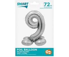 Sidabrinis folijos balionas su skaičiumi 9 ir pagrindu, 72 cm
