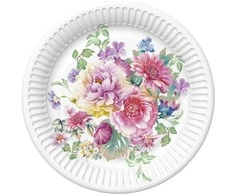 Spalvota gėlių kompozicija, popierinės lėkštės, 8 vnt., 22,7 cm