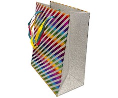 Spalvotas dryžuotas blizgučių popierinis dovanų maišelis 18x10x23 cm