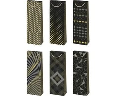 Spalvotas juodas ir auksinis raštuotas popierinis vyno maišelis 13x38x11 cm