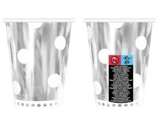 Spalvoti B&amp;C taškuoti sidabriniai popieriniai puodeliai, 6 vnt., 266 ml