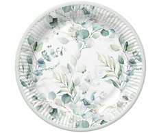 Spalvotos eukalipto šakelių popierinės lėkštės, 8 vnt., 22,7 cm