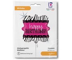 Su gimtadieniu, zebras, holografinis, 18 colių folijos balionas „Happy Birthday“, zebras