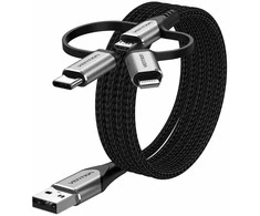 „Vention“ USB 2.0 A tipo kištukas į 3 viename „Micro-B“, USB-C ir „Lightning“ tipo kištuką, 1 m, pilkas, aliuminio lydinio tipas