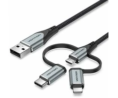 „Vention“ USB 2.0 A tipo kištukas į 3 viename „Micro-B“, USB-C ir „Lightning“ tipo kištuką, 1 m, pilkas, aliuminio lydinio tipas