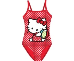 Vaikiškas raudonos spalvos Hello Kitty maudymosi kostiumėlis, 104–134 cm apimties.