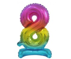 Vaivorykštės spalvų mini folijos balionas su skaičiumi 8 ir stovu, 38 cm