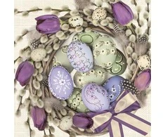 Velykinės servetėlės su violetinėmis tulpėmis ir vainikais, 20 vnt., 33x33 cm