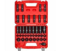 1/2 colio smūginių galvučių rinkinys, 39 dalių, 6 kampų gilios ir trumpos, metrinės 9-30 mm, Cr-V plienas, universali jungtis, dėklas automobilių ir mechanikos remontui, prof. įrankiai