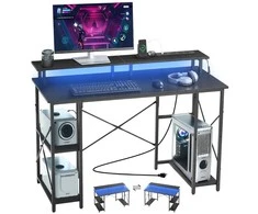 VEVOR 120 cm kompiuterio stalas su LED, maitinimo lizdais, apverčiamas žaidimų stalas su monitoriaus stovu, namų biuro darbo vieta, juodas stalas su lentynomis, modernūs baldai