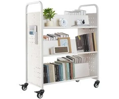 3 pakopų mobili bibliotekėlė, dvigubos W formos lentynos, balta, tvirta, biuro, mokyklos, knygų vežimėlis, dokumentų laikymo stendas