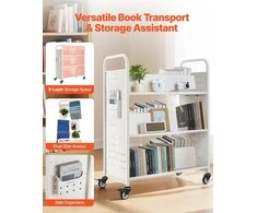 3 pakopų mobili bibliotekėlė, dvigubos W formos lentynos, balta, tvirta, biuro, mokyklos, knygų vežimėlis, dokumentų laikymo stendas