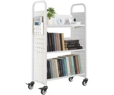 3 pakopų mobili bibliotekėlė, V formos lentynos, balta, knygų vežimėlis, ratukai, metalinė