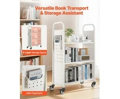 3 pakopų mobili bibliotekėlė, vienpusė L formos, balta knygų vežimėlis, tvirtas, skirta klasei, mokyklinė lentyna
