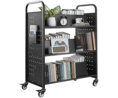 3 pakopų riedantis knygų vežimėlis, dvigubas, W formos lentynos, tvirtas, mobilus bibliotekos vežimėlis, organizatorius, knygų stumdukas