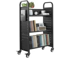 3 pakopų riedukas knygoms, V formos lentynos, juodas knygų vežimėlis, mobili lentyna, bibliotekos vežimėlis mokyklai