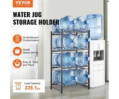 4 aukštų vandens butelių stovas 18.9 l talpoms, dvigubos eilės organizatorius 8 buteliams, reguliuojamas plieno laikiklis virtuvei ir biurui, juodas