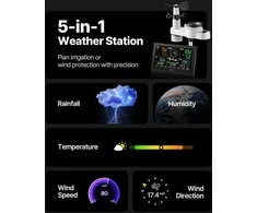 5-in-1 Wi-Fi orų stotis, belaidė, maitinama saulės energija, kritulių, temperatūros, drėgmės, vėjo greičio, lauko ir vidaus orų prognozė, profesionalus orų stebėjimas