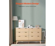 6 stalčių medinė komoda, rifliuoto priekio stalčių spintelė, moderni minimalistinė daiktadėžė miegamajam, svetainei, prieškambariui, šviesaus medžio komoda