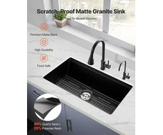84 cm granito plautuvė virtuvei, po stalviršiu, juoda matinė, RV barui, lengvai valoma, kompozitinė, kemperio kriauklė, ilgaamžė
