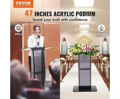 Akrilinis podiumas 119.8 cm, su plačia lentyna ir saugykla, stovas bažnyčiai, biurui, mokyklai, juodas pamokslininko stalas, skaitymo pakyla, prezentacijų stovas