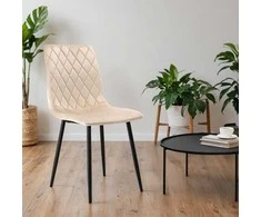 Aksominis krėslas DEXTER, smėlio spalvos, dygsniuotas, metalinėmis kojelėmis, 89 cm aukščio, valgomojo kėdė, virtuvės krėslas, minkštas krėslas