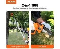 Akumuliatorinis kotinis pjūklas ir mini grandininis pjūklas, 20 V 2 Ah, 12.7 cm pjovimo gylis, 2.43 m ilgis, šakų genėjimui, medžių priežiūrai, aukštapjovė