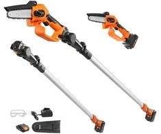 Akumuliatorinis kotinis pjūklas ir mini grandininis pjūklas, 20 V 2 Ah, 12.7 cm pjovimo gylis, 2.43 m ilgis, šakų genėjimui, medžių priežiūrai, aukštapjovė