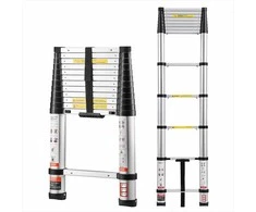 Aliuminės teleskopinės kopėčios namams ir laukui, sulankstomos išstumiamos kopėčios, vieno paspaudimo sutraukimas, 150kg apkrova, neslystančios kojelės, 3.74m aukštis