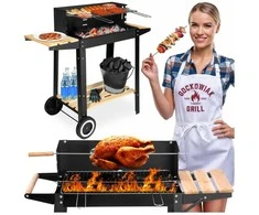 Anglies kepsninė su ratukais, reguliuojamu aukščiu, iešmu, juoda lauko BBQ grilius, šašlykinė, kepimo grotelės