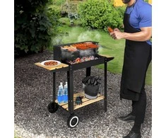 Anglies kepsninė su ratukais, reguliuojamu aukščiu, iešmu, juoda lauko BBQ grilius, šašlykinė, kepimo grotelės