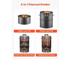 Anglinė rūkykla-kepsninė, 470 mm statinės formos BBQ, dengto plieno lauko kepsninė su 2 grotelėmis, kabinimo strypu, kabliukais ir termometru, skirta kiemui ir terasai, barbekiu rūkykla