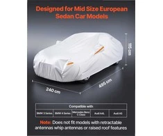 Automobilio uždangalas neperšlampamas vidutinio dydžio europietiškam sedanui, apsauga nuo visų oro sąlygų su užtrauktuku ir atspindinčiomis juostomis, sidabrinis tento užvalkalas