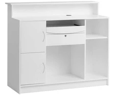 Baltas registratūros stalas grožio salonams, modernus registratūros stalas su saugojimo vieta, elegantiškas priekinis stalas kirpykloms