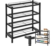 Batų lentyna 4 aukštų, juodo metalo, reguliuojamomis kojelėmis, prieškambario avalynės spintelė, daiktų laikymo lentyna