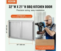 BBQ prieigos durelės, nerūdijančio plieno dvigubos lauko virtuvės durelės, montuojamos lygiai su paviršiumi, su įleistinėmis rankenomis, kepsninių salai ir kepimo stotelei, 914x534 mm, lauko spintelėms