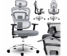 Biuro kėdė su tinklelio atlošu, ergonomiško dizaino, reguliuojamo aukščio, pilka darbo kėdė, supimo funkcija, patogi kompiuterio kėdė