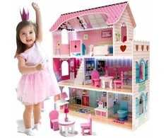 Doll House Medinis lėlių namas, 3 aukštų, su LED apšvietimu ir baldų komplektu