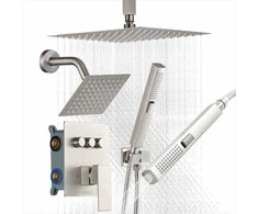 Dušo maišytuvo komplektas, 254 mm lubinė lietaus dušo sistema su 152 mm sienine galvute ir du viename rankiniu purkštuvu, pasukama 3 funkcijų dviguba galvutė, šlifuotas nikelis, vonios kambario įranga
