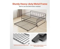 Vevor Dvigulė metalinė lova su ištraukiama dalimi, 2in1 daugiafunkcinė sofa lova, juoda, svečių lova