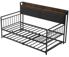 VEVOR Dvigulė metalinė sofa-lova su ištraukiama lova, USB ir daiktadėže, juoda. Sofa lova, dvivietė lova, svečių lova