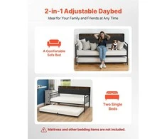 Dvigulė metalinė sofa-lova su ištraukiama lova, USB ir daiktadėže, juoda. Sofa lova, dvivietė lova, svečių lova