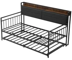 Vevor Dvigulė metalinė sofa-lova su ištraukiama lova, USB ir daiktadėže, juoda. Sofa lova, dvivietė lova, svečių lova