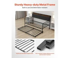 Vevor Dvigulė metalinė sofa-lova su ištraukiama lova, USB ir daiktadėže, juoda. Sofa lova, dvivietė lova, svečių lova