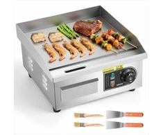 Elektrinė kepimo plokštuma, nerūdijančio plieno stalviršis, reguliuojama temperatūra 50-300°C, 2000W, plokščias grilis su mentelėmis ir šepečiais, profesionali virtuvės įranga