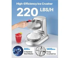 Elektrinė ledo smulkinimo mašina, 100 kg/h našumas, 300 W nerūdijančio plieno ledo smulkintuvas su dubeniu ir dangčiu, 4 peilių sniego kūgių gaminimo aparatas namams ir komercijai, sidabrinis ledo drožtuvas