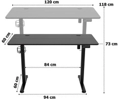 Elektrinis žaidimų stalas Shadow Gamer 1.0, juodas, 120 cm, reguliuojamas aukštis, ergonomiškas žaidimų stalas, kompiuterio stalas, konsolės stalas