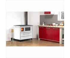 Emaliuota malkinė viryklė, 5 kW, su orkaite, atitinkanti Eco Design 2022, balta virtuvės viryklė, efektyvus šildymas ir maisto gaminimas